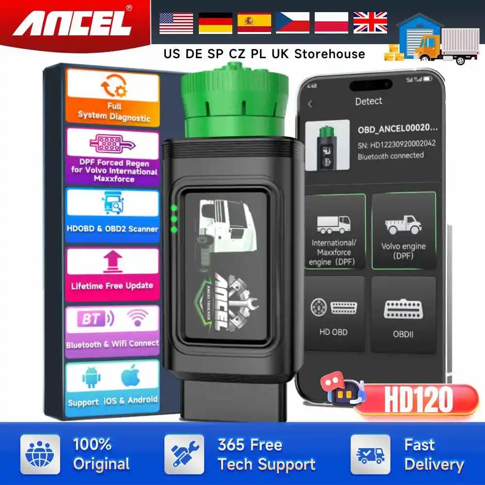 

ANCEL HD120 Bluetooth OBD2 Diesel Heavy Duty Truck Scanner All System D.P.F Regen Trucks Diagnosic Tools for Volvo International