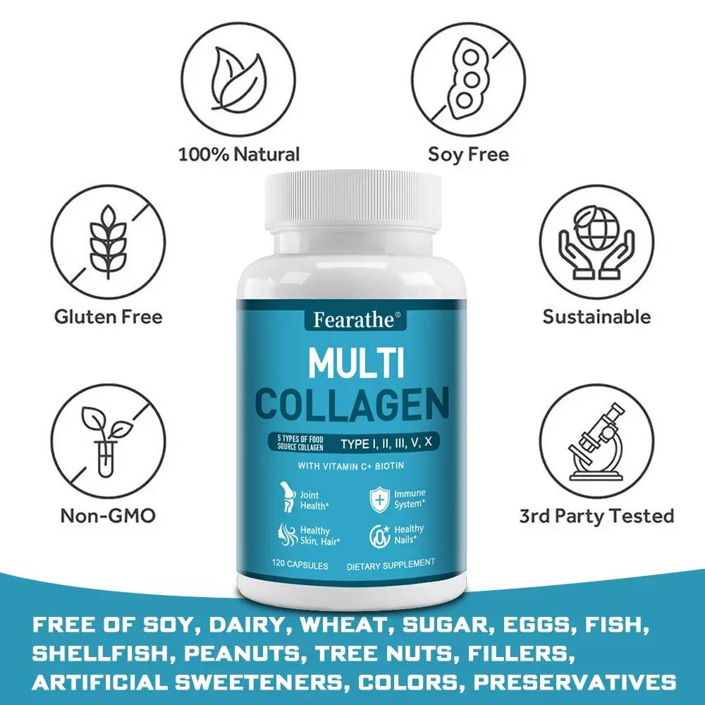 Premium Multi-Collagen Peptides - Collagen for Skin, Hair, Nails & Joints, Vitamin C, Biotin, Gluten Free, 120 Collagen Capsules