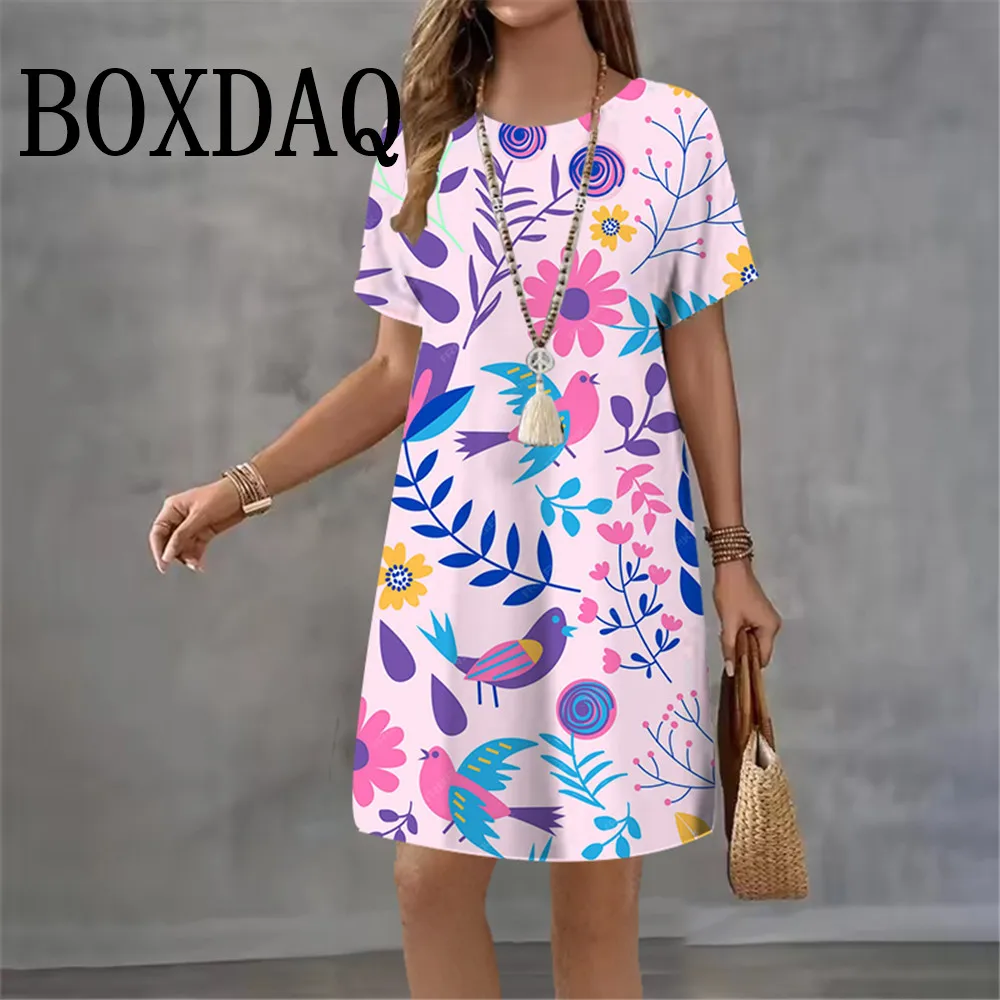 2026 여름 여성 드레스 3D 타이다이 꽃무늬 프린트 반팔 의류 우아한 루즈핏 A라인 드레스 패션 여성 캐주얼 드레스