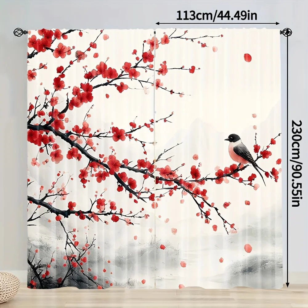 red plum blossom and bird curtain with ink wash background for living room privacy and decor elegant chinese style Quick Setup