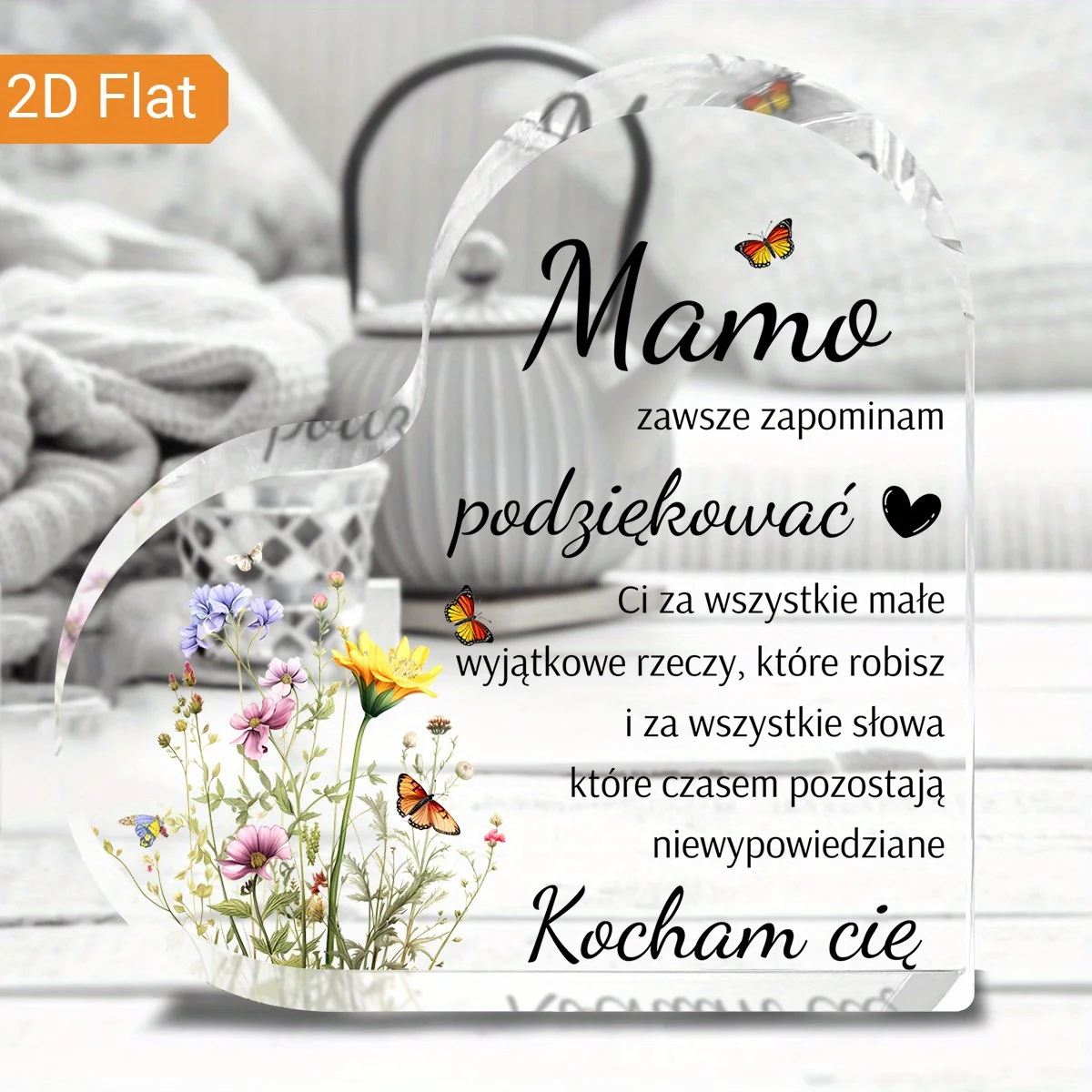 2D， Polish heart-shaped acrylic desktop decoration - floral butterfly design, suitable for home living rooms, Mother's Day gifts