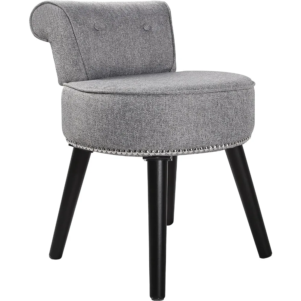 

Vanity Stool Chair Makeup with Low Back Round Linen Padded Chair with Wood Legs Furniture Grey Living Room Home