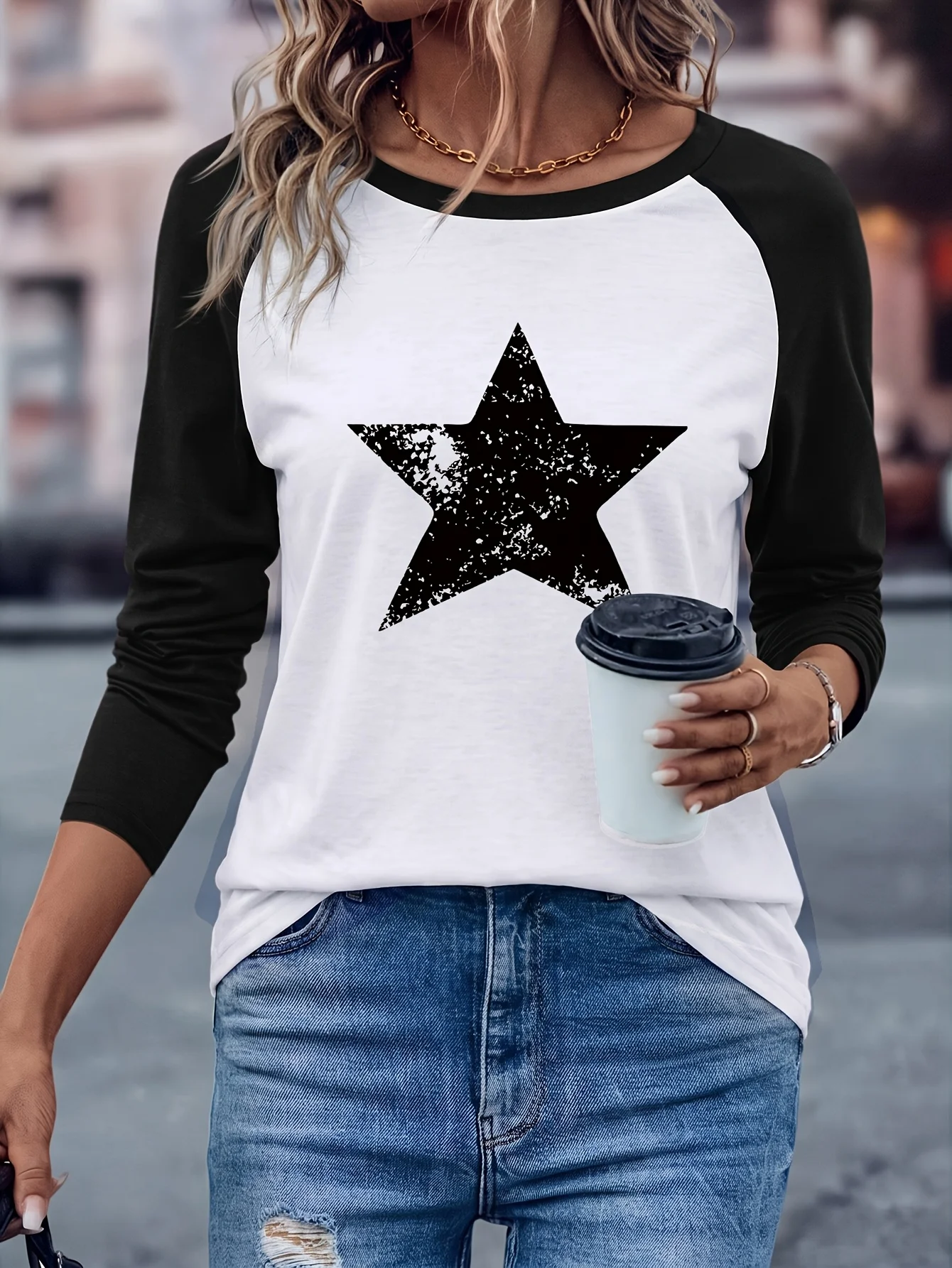 2026 Daily Wear Star Print Geometric Pattern Raglan Long Sleeve T Shirt Casual Loose Top For Everyday Outfit