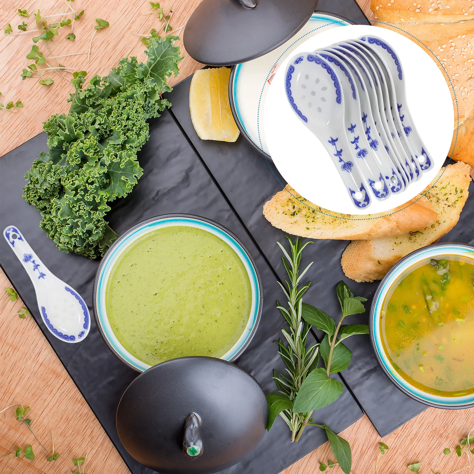 

10Pcs Ceramic Soup Spoons Chinese Style Kitchen Utensils for Party Family Gathering Asian Food Serving Mixing Stirring