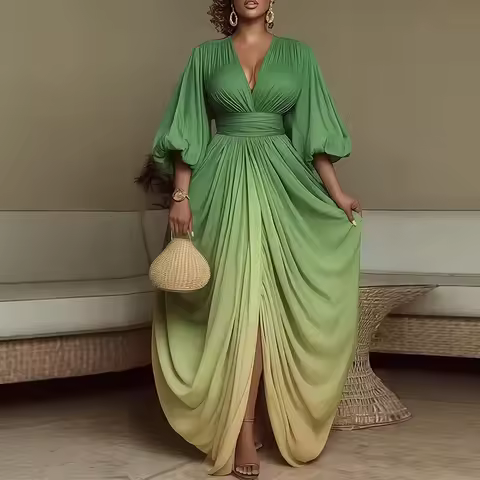 Women's Fashion Hight Waist Draped Long Dress 2026 Casual Lantern Sleeve Robe Dress Elegant V-Neck Split Hem Evening Party Dress