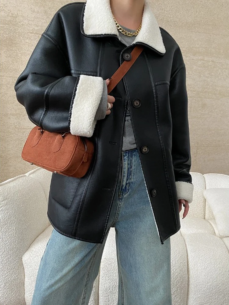 [LANMREM] Faux Fur Thick Warm Coats Lapel Single Breasted Office Lady Elegant Female Outwear Fashion 2024 Winter New 26C1095