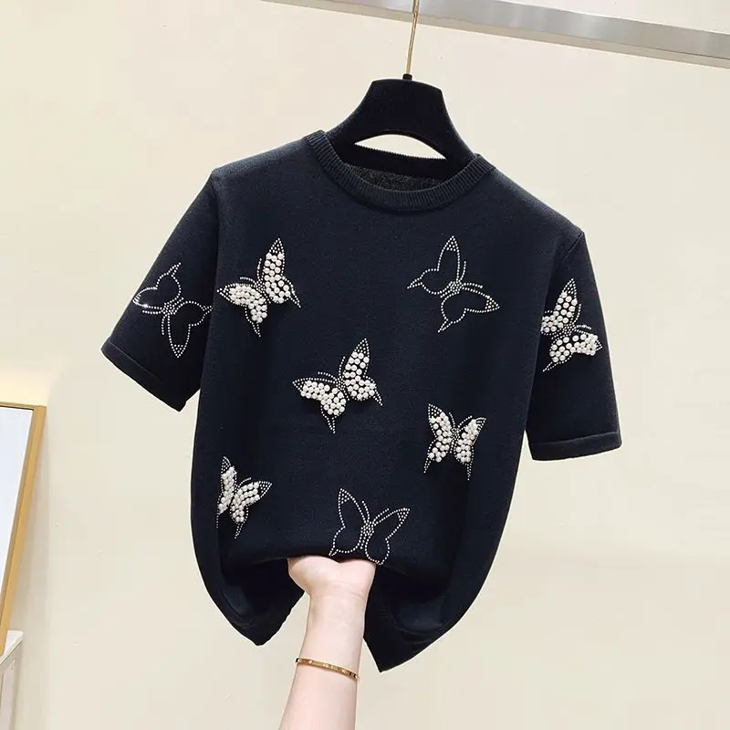 Clothes for Women Summer Fashion Rhinestone Beaded Chic Ice Silk Knitted T-shirt Elegant O Neck Short Sleeve Loose Pullover Tops
