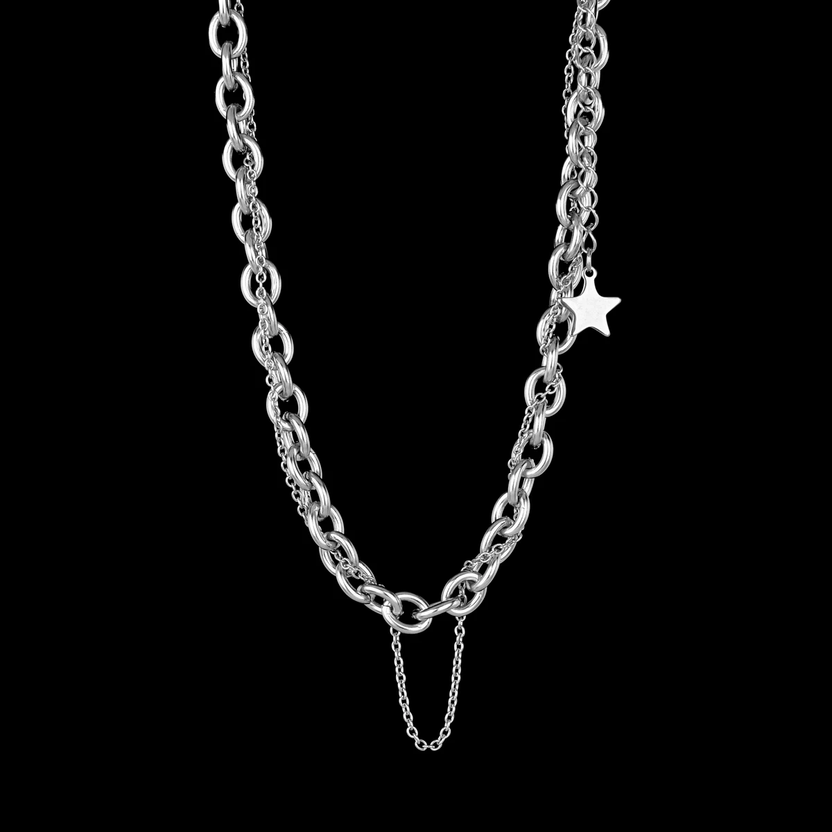 Necklace Silver Color Stainless Steel O-Chain Double Layer Star Fashionable Simple Necklace For Women Lover Jewelry Gift Idea