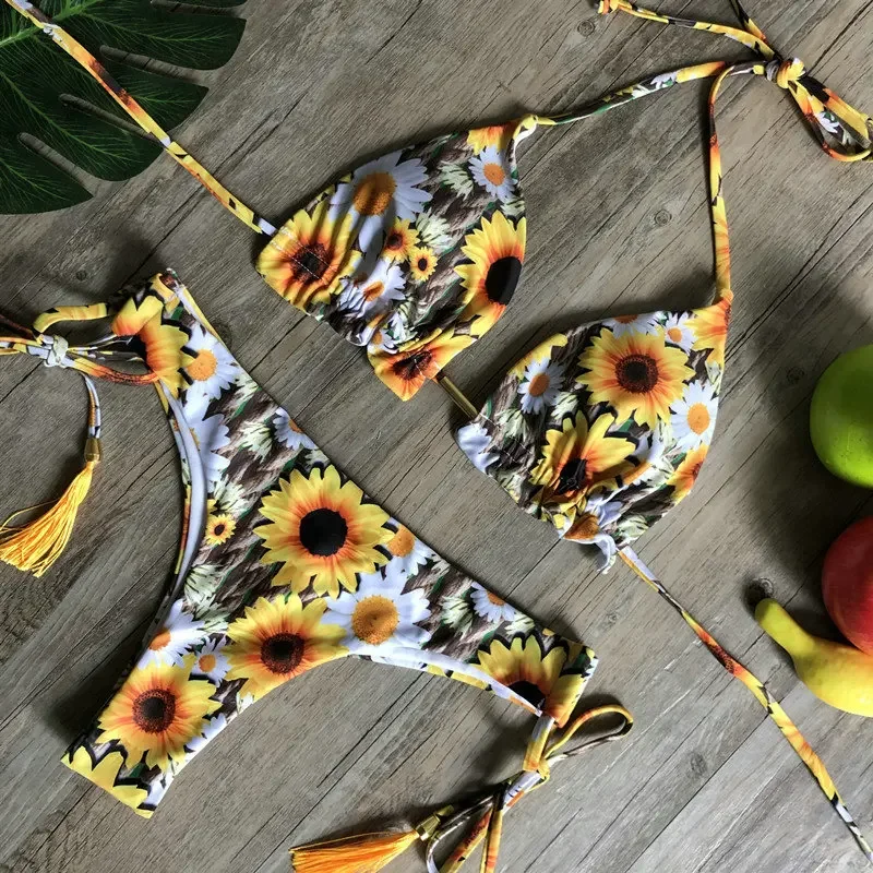 Seksowny kwiatowy Print strój kąpielowy 2 sztuk stroje kąpielowe Push Up Micro String Bikini zestaw wyściełane kobiety stringi brazylijskie stroje