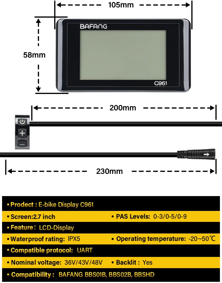 Ebike C961 Display Control Panel für BAFANG BBS01B BBS02B BBSHD Motor Elektrische Fahrrad Komponenten Mid Motor Conversion Kit – Detail 2