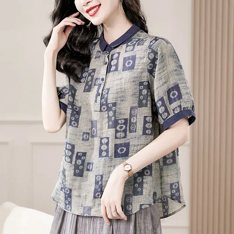 Vintage Summer Cotton Hemp Women\'s POLO Collar Print Single Breasted Patchwork Fashion Versatile Loose Short Sleeve Shirts Tops