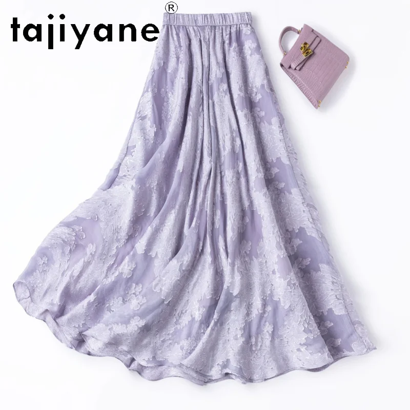 TAJIYANE 100% Mulberry Silk Women's Skirts Light Purple Floral Long Skirt Elegant Summer Real Silk Skirts Woman Clothes 2026 치마