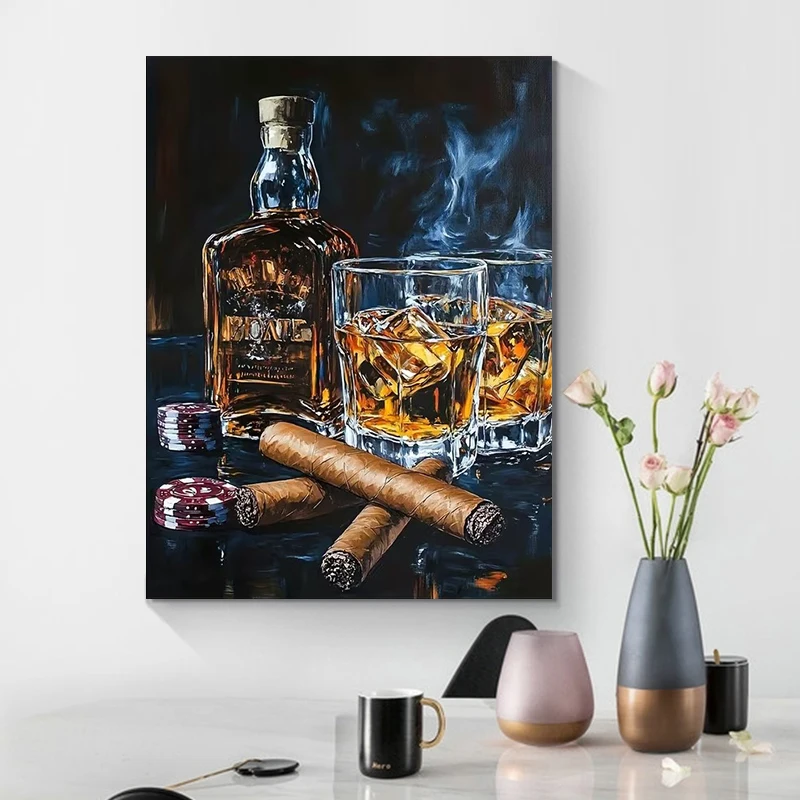Whisky Cigars and Poker Poster and Prints Modern Bar Canvas Painting Wall Art Picture Living Room Home Decor Cuadros No Frame
