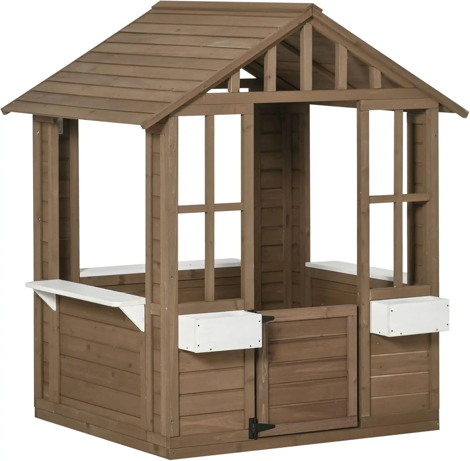 

Kids Wooden Playhouse, Outdoor Garden Games Cottage, with Working Door, Windows, Flowers Pot Holder, 47" x 38" x 54"