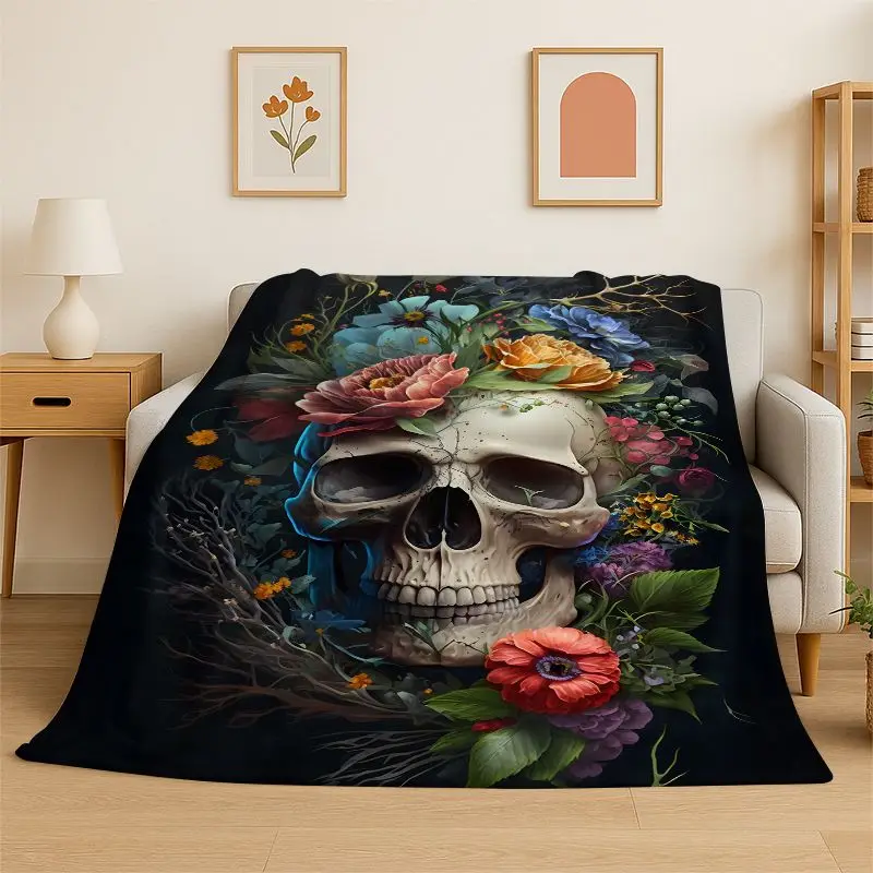 Horror Skeleton Skull Gothic Flannel Blanket Soft Throw Blanket for Bedroom Living Room Bed Travel Camping Picnic Nap Cover Gift