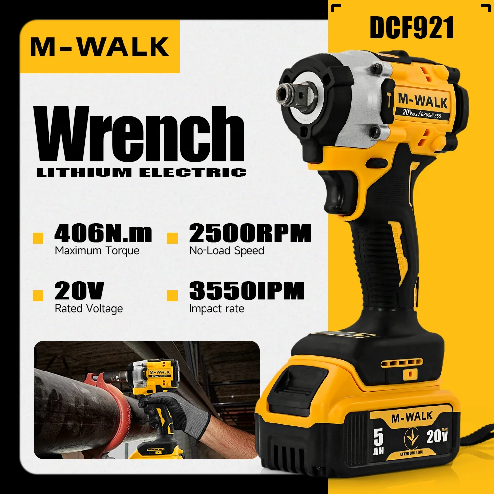 

1/2inch Impact Wrench Brushless Cordless 406N.M Electric Wrench Rechargable Screwdriver Power Tools For Dewalt 20V Battery Pin