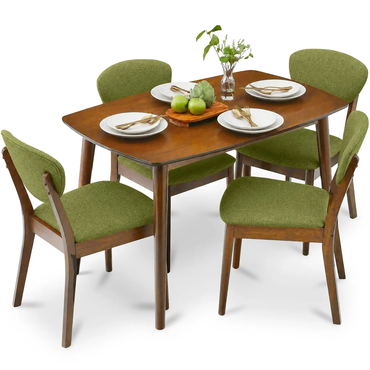 5-Piece Dining Set, Compact Table & 4 Chairs w/ Padded Seats, Wooden Frame for Home & Apartment, Walnut, Customized