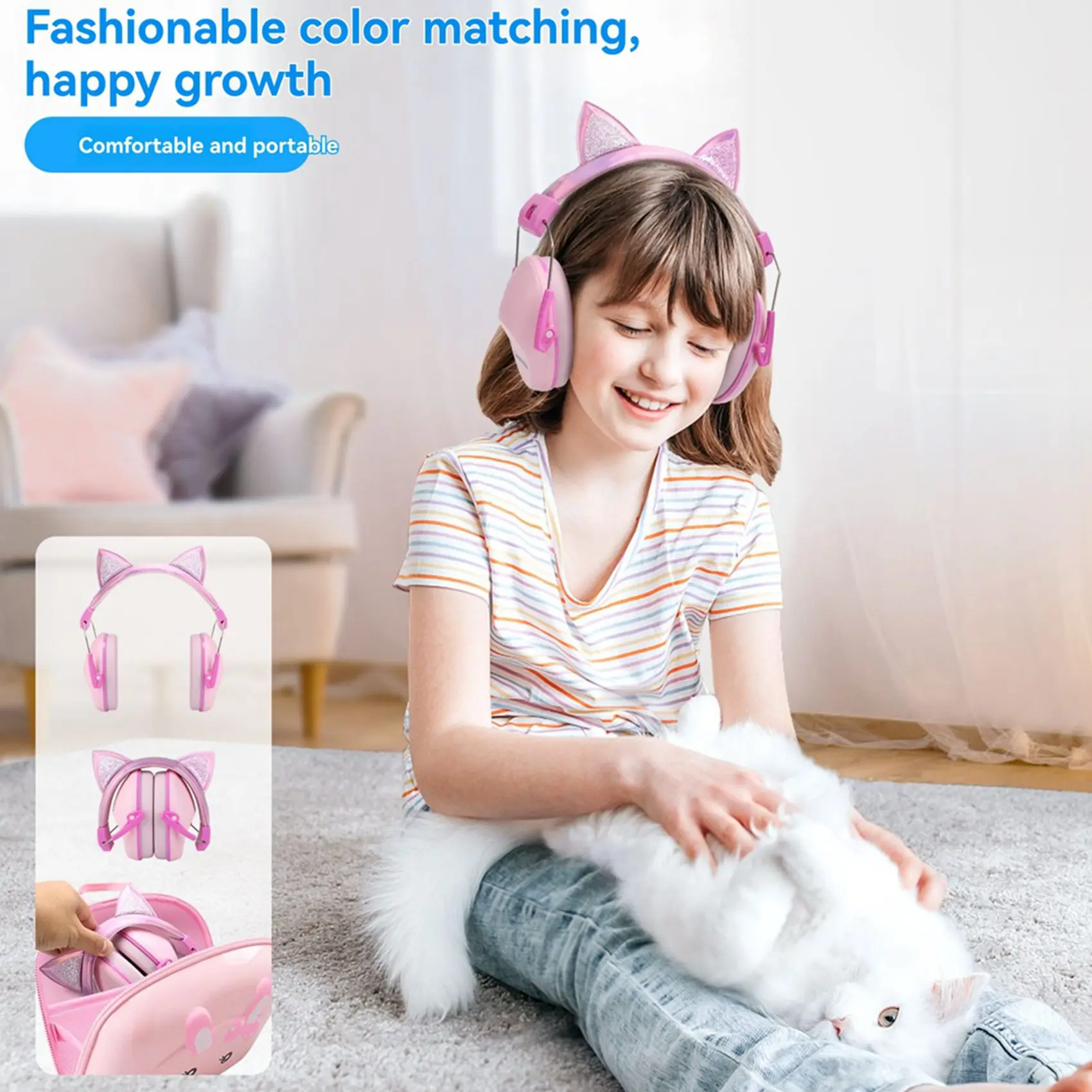 ABUO-2X Pink Cat Ears Kids Earmuffs Adjustable Anti-Noise Hearing Protector For Children For Study & Sleep Noise Cancelling