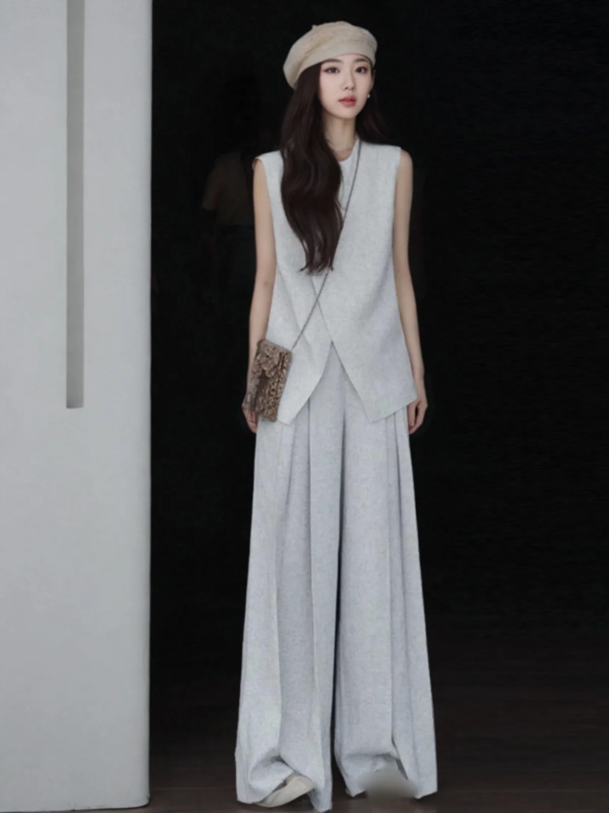 

Casual Wide Leg Pants Set Korean Style Two Piece Suit Comfortable Cotton round Neck Vest Loose Fit Summer Fashion Ensemble