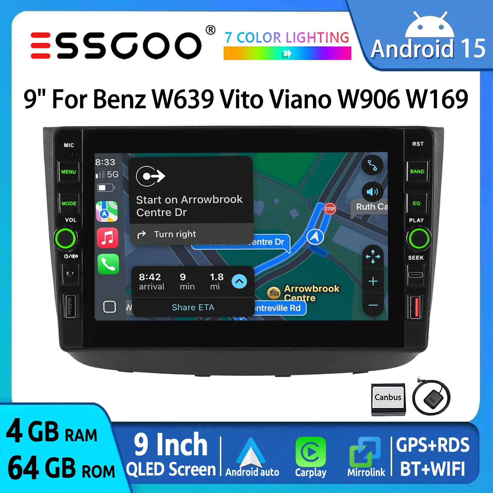 Autoradio ESSGOO Android 15 9 Zoll 64G für Mercedes-Benz W639 Vito/Viano W906 W169 2004-2014 Drahtloses CarPlay Android Auto GPS Navigation Bluetooth WiFi RDS Lenkradsteuerung QLED Touchscreen