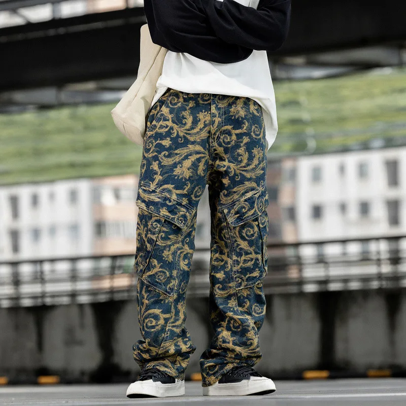 

Осень 202, мужские джинсы с вышитым принтом в стиле ретро, большие размеры, свободные прямые трубки, уличная мужская одежда, широкие брюки