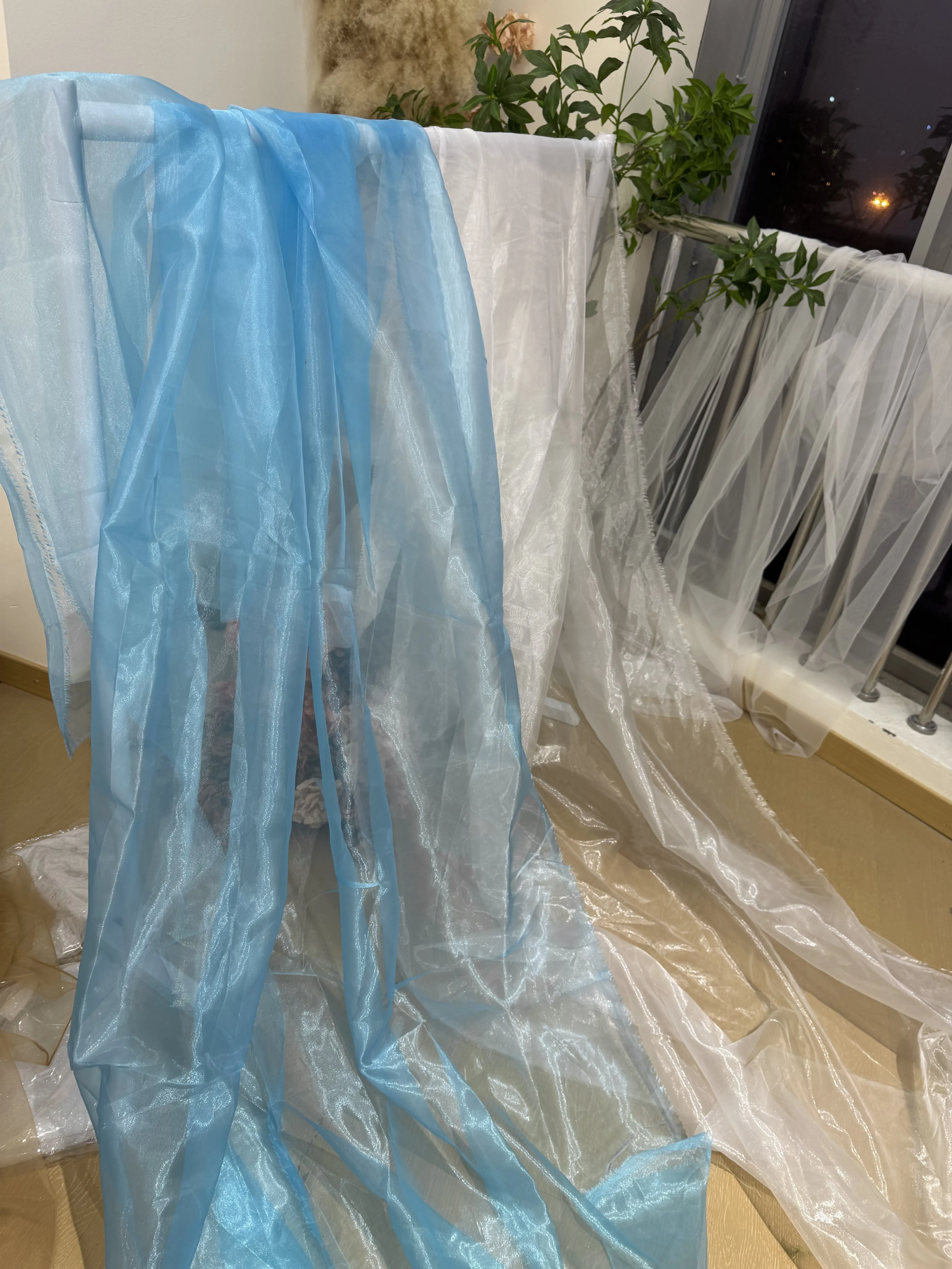 Lake Blue Pearlescent Streamer Yarn Transparent Mesh Draping Fabric for Wedding Stage Layout Voile Background Fabric
