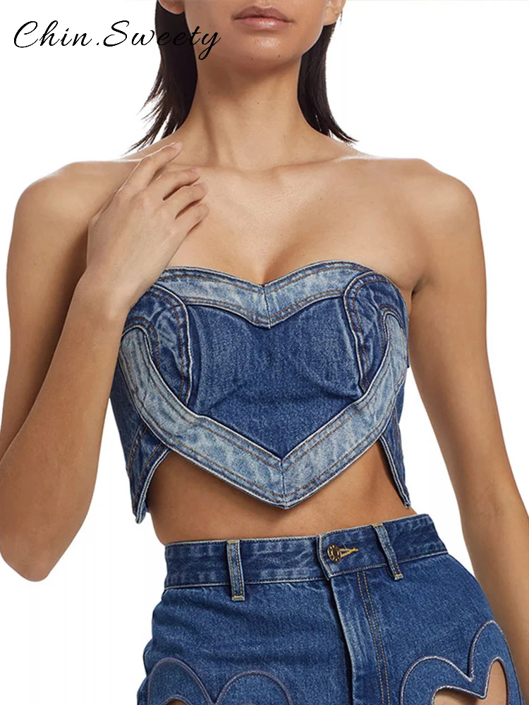 

Sexy Patchwork Heart-shaped Denim Vests Women Sleeveless Strapless Zipper All-match Crop Tops 2025 Summer Lady Chic Beach Vest