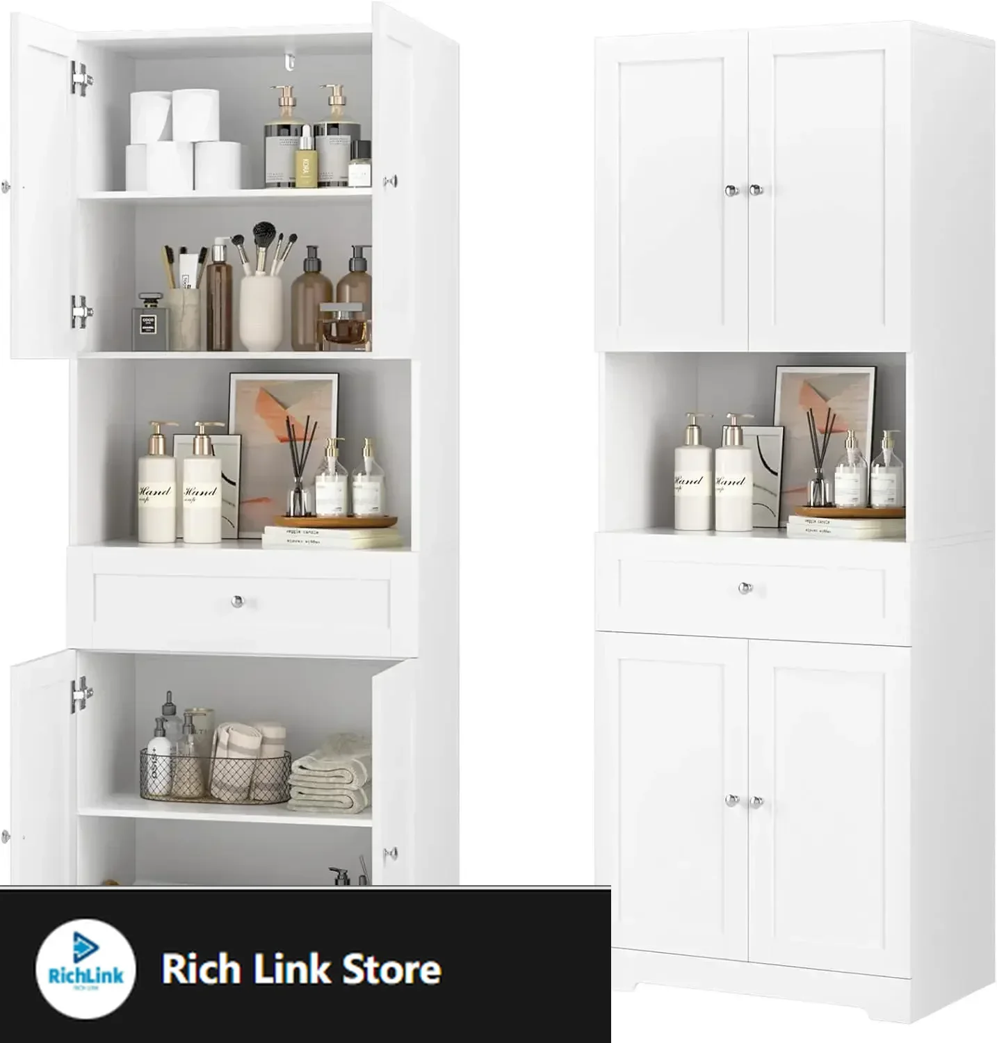 

Tall Bathroom Storage Cabinets, Modern Linen Storage Cabinet with 4 Doors & Shelves & Drawer, 67" H Tall Storage Cabinet