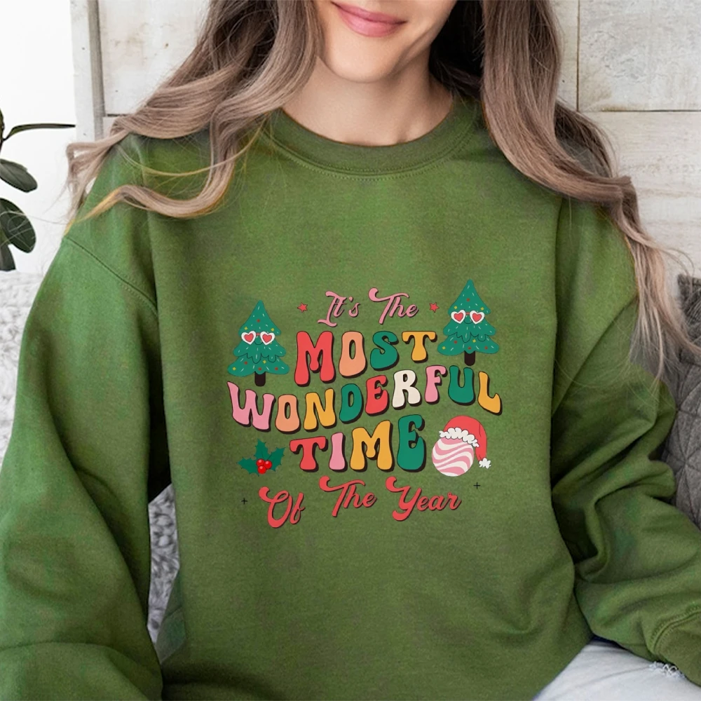 Crew Neck Women Sweater Hoodie Christmas Style Pine Snowman Chic Graphic Printing Cotton Soft Fabric New Sweatshirt