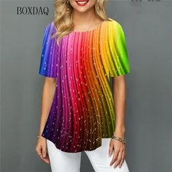 Rainbow Striped Women Fashion Streetwear T-shirts Short Sleeve Round-Neck Loose Casual Oversized Tops Summer 3D Print Female Tee