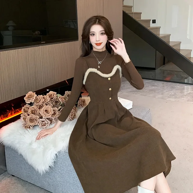 Fashion 2025 Spring Fashion New French Style Corduroy Camisole Dress Women's Knitted Sweater Base Sweater Sling Dress Set Coffee