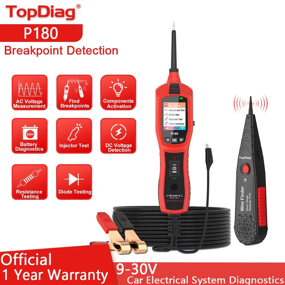 TopDiag JDiag P180 Automotive Electrical Power Circuit Probe Tester 9-30 Volts Vehicle Diagnostics Lnjector Breaker Light Test