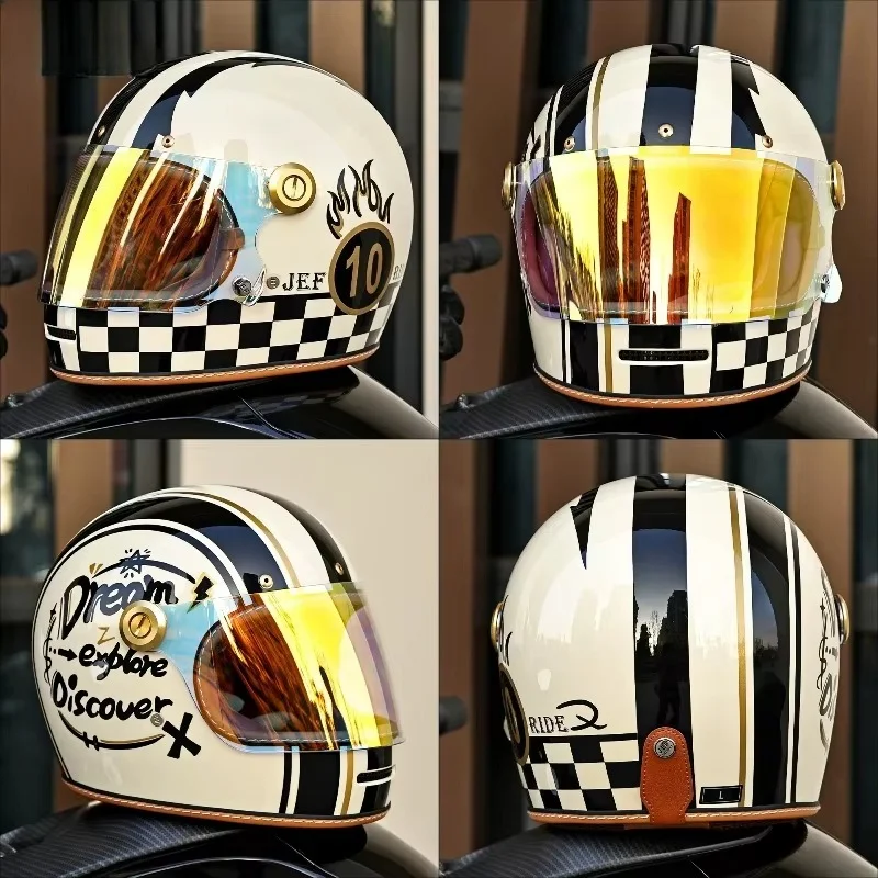 Retro Compact Full Face Motorcycle Helmet,  for Both Men and Women, All Season Motorcycle Helmet for Autumn and Winter Cycling