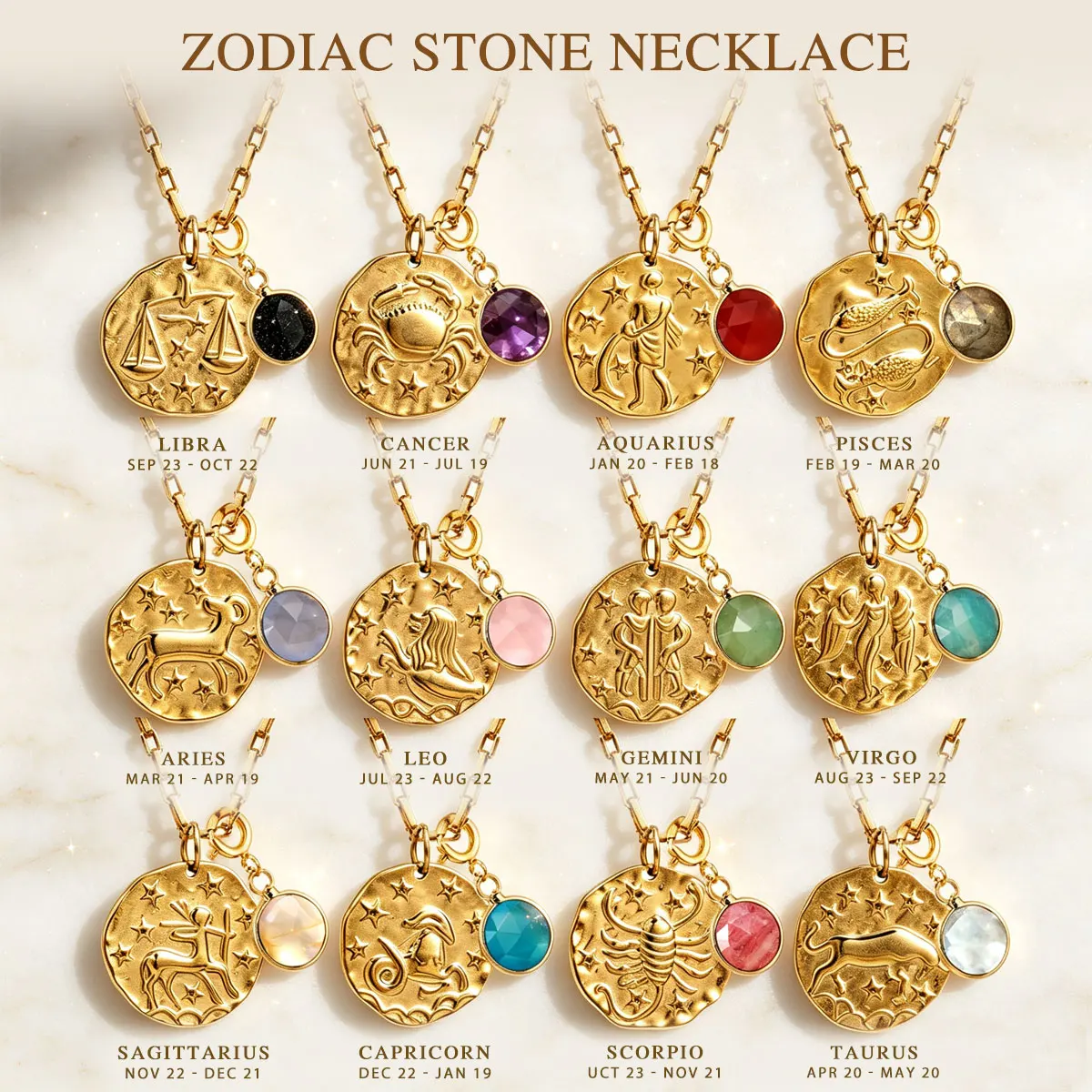 12 Zodiac Sign Coin Necklace With Gift Box Natural Stone Birthstone Pendant Stainless Steel Astrology Jewelry for Women Men