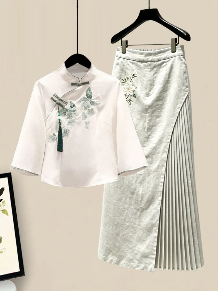 New Chinese Style Embroidered Set Women Summer Improved Hanfu Button Stand Collar Shirt Plaid Half Skirt Two Piece Set
