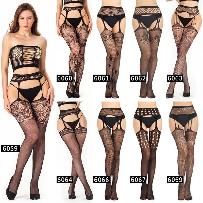 Oversize Women Sexy Pantyhose Plus Size Fishnet Lace Thigh High Stockings with Garter Belt Suspenders Underwear Black Tights