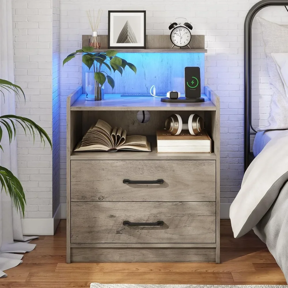 

LED Nightstand with Charging Station, Night Stand with Drawers and Open Storage, Bedside Table with LED Lights, Modern End Table