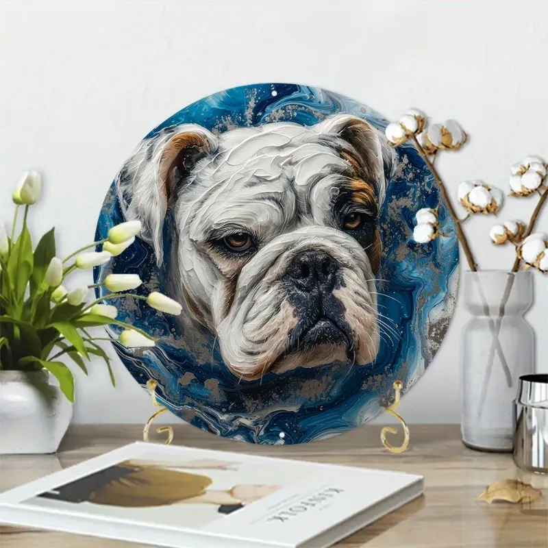 1pc 8x8 Inch Spring Aluminum Tin Sign Painting Round Wreath Decorative Sign Office Decoration Gifts Bulldog Theme Decoration