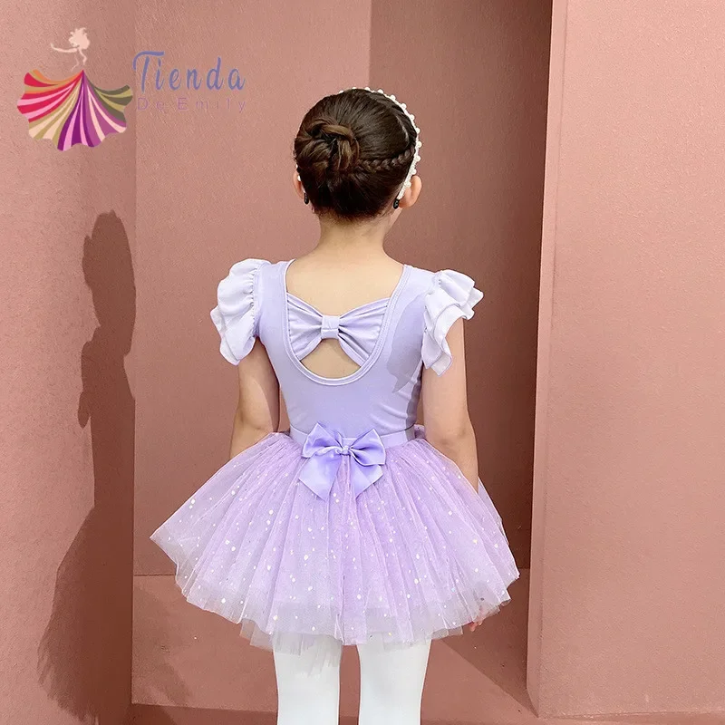 Girls Dance Ballet Leotards Short Ruffle Sleeve Criss Cross Straps Back Shiny Sparkle Tutu Skirt Rhythmic Gymnastics Dress Fairy