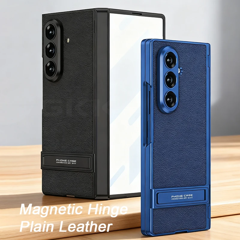 Luksusowe etui ze skóry naturalnej z podstawką do Samsung Galaxy Z Fold 7, magnetyczny zawias, szkło ochronne na ekran, twarda obudowa do Galaxy Z Fold7.