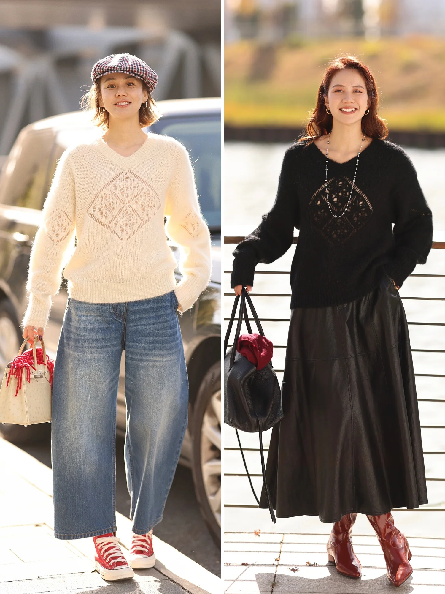 

WinnieTang Women's Vintage Sle Knitted Sweater Wool Alpaca Blend oulder Drop Loose Fit Hollow out V-Ne Long Sve Top