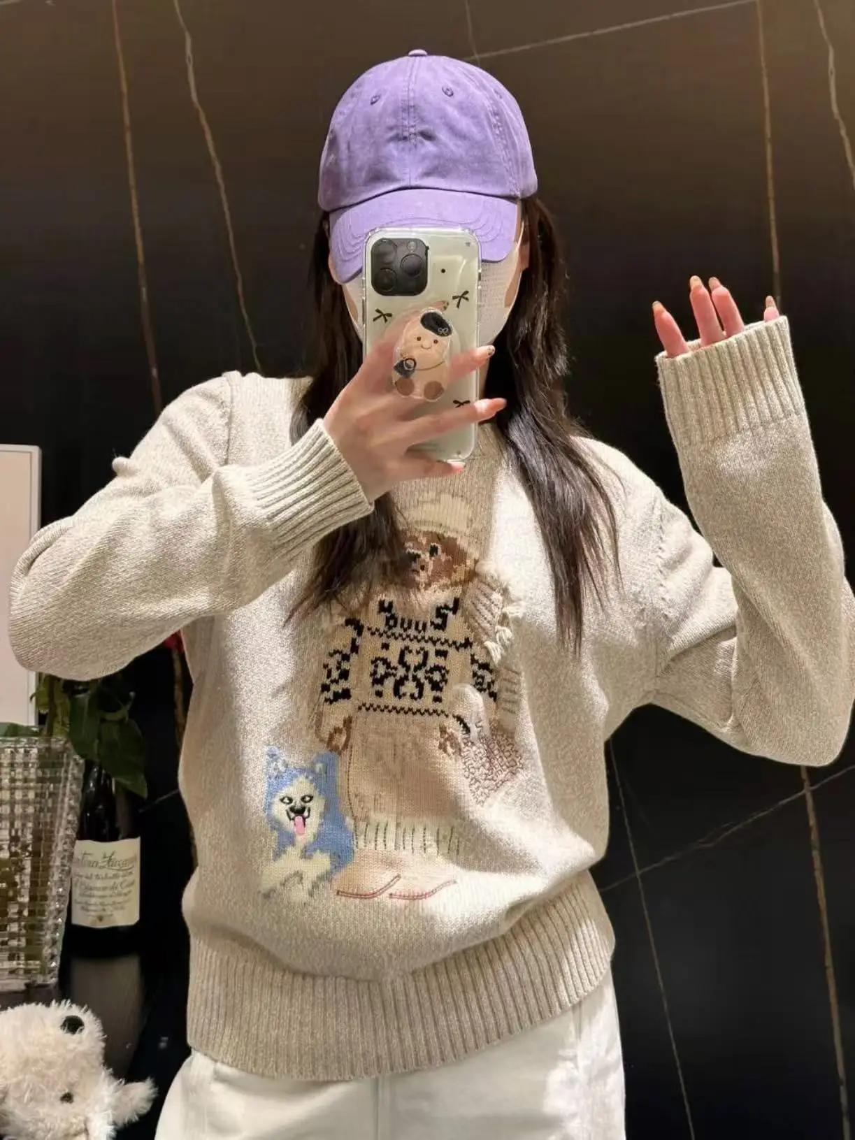 

Осень-зима 2025 г. Новый сезон женский вязаный свитер, свитер с вышитым мишкой, пуловер с круглым вырезом и длинными рукавами RL