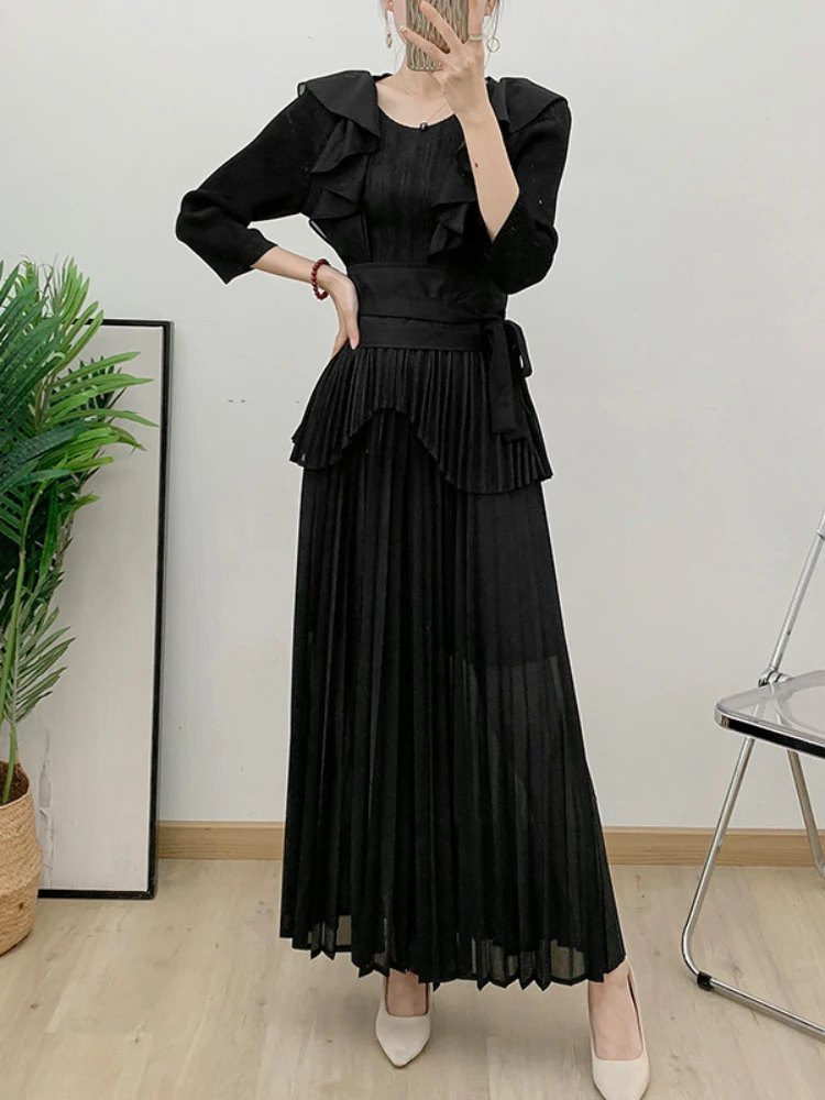 EGRM Elegant Pleated Two Piece Set Womne V-neck Flounce Belt Gathered Waist Irregular Tops With Casual Wide Leg Pants 6G6892