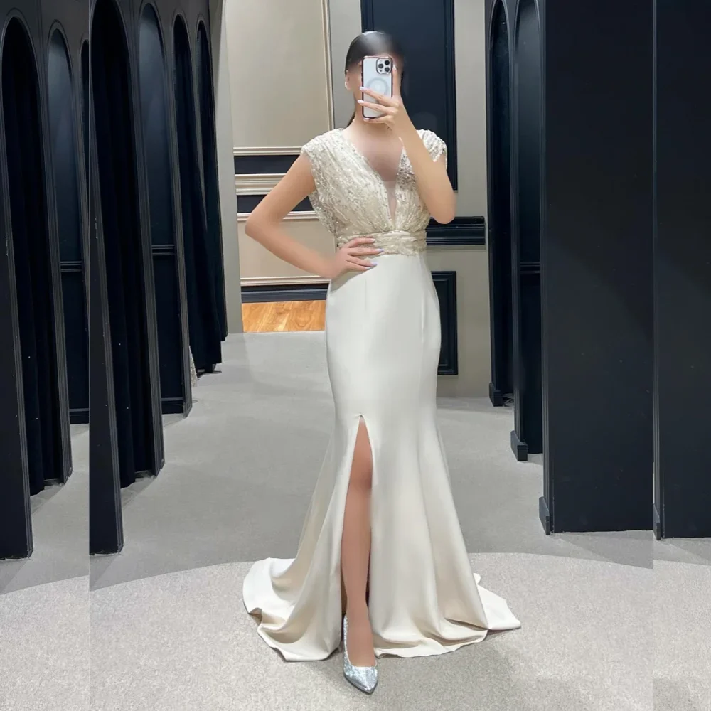 

Customized Matching Jersey Pleat Trumpet V-neck Long Dresses Bespoke Occasion Dresses Classic Exquisite Modern Style Pastrol Uni