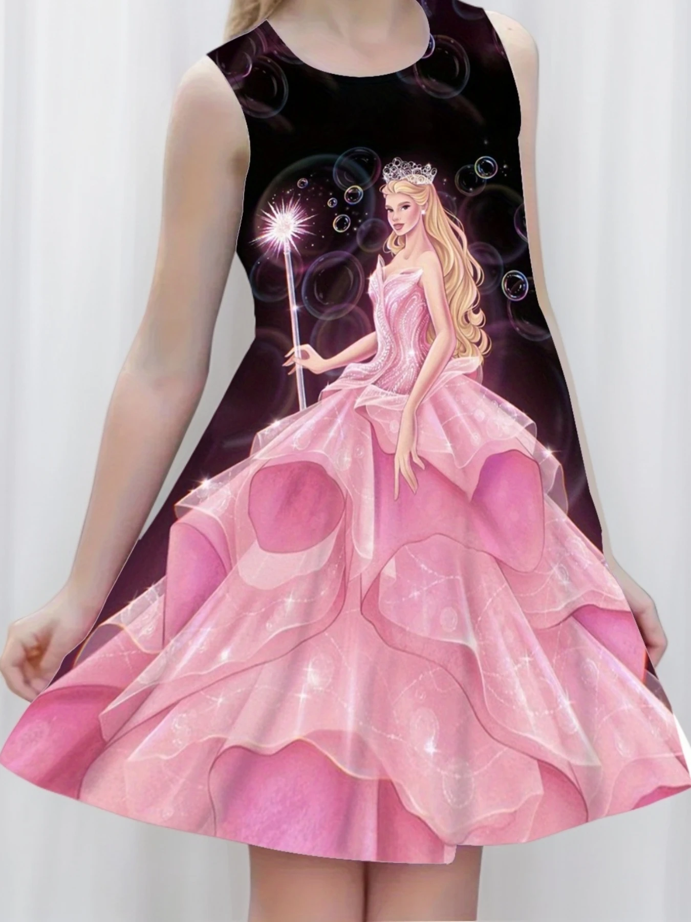 Girls Pink Princess Sleeveless Dress, Magic Wand Bubble Cartoon Princess Print Swing Skirt, Kids Summer Birthday Party Dress