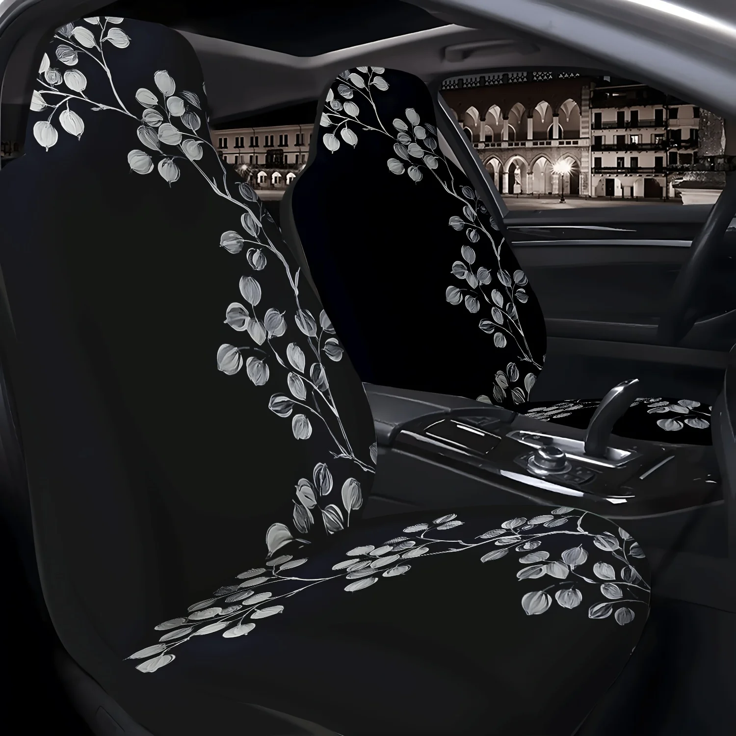 2pcs Set Of Silver Eucalyptus Leaf Car Seat Covers, Durable, Suitable For Front Seats, Machine Washable Polyester Fiber, Suitabl