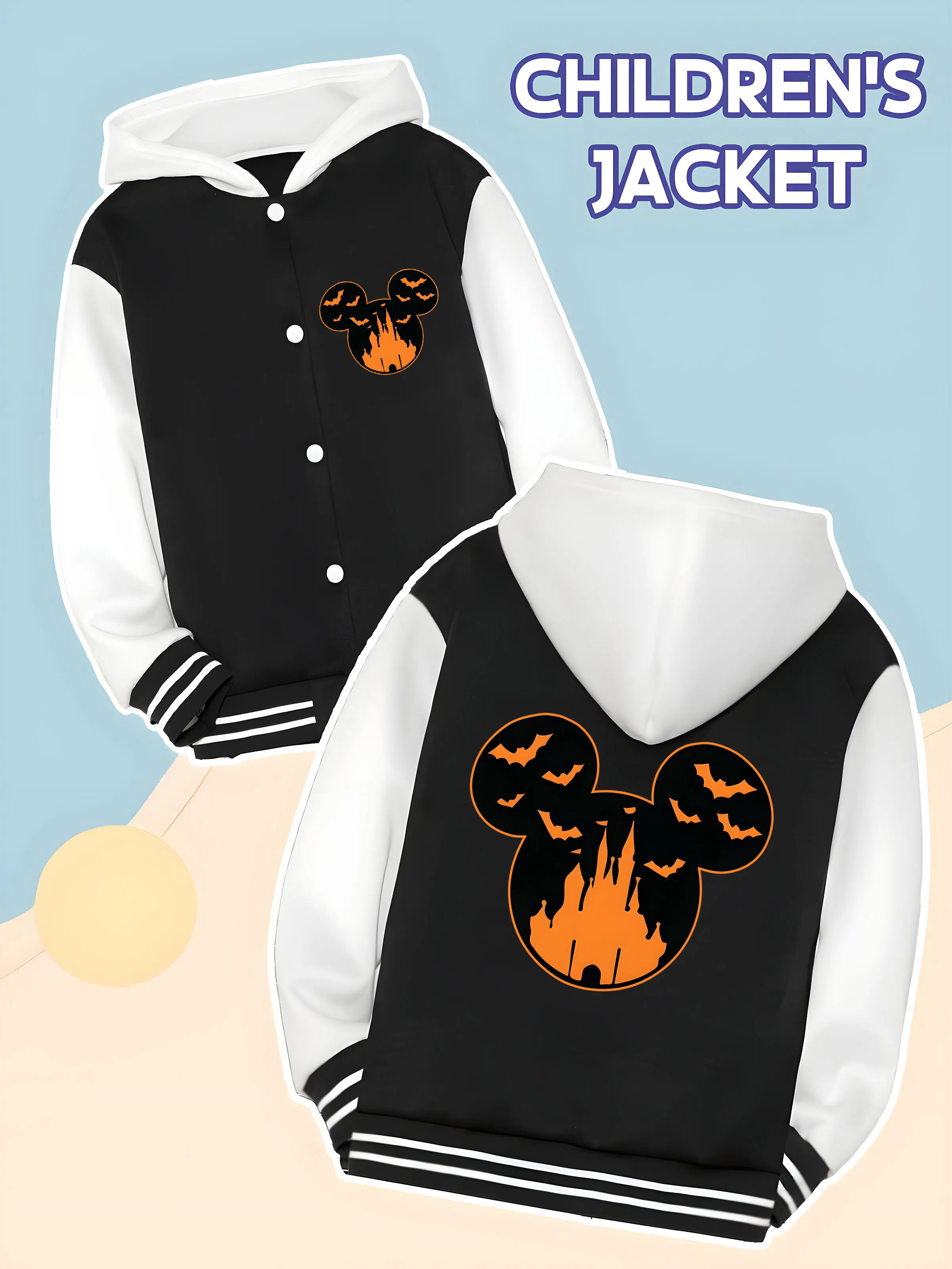 

MINISO Disney Mickey Halloween Castle Kids' Baseball Boys' Jacket - Mickey Head Castle Bat Print, Theme Party, Daily Wear