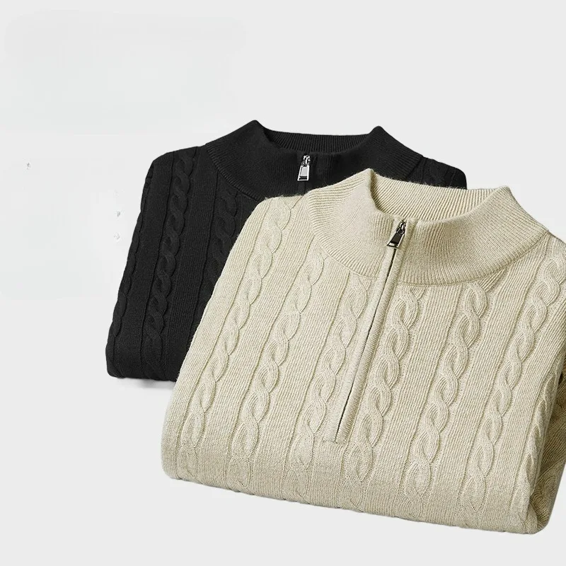 High-end Knitted Sweater for Men's Winter Wear Warm Zipper Collar Solid Color Men Base Layer Fashion Comfortable Stand-up Collar
