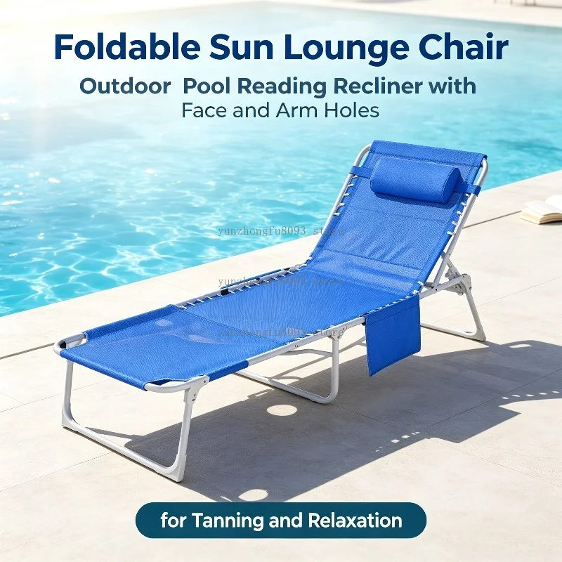 Foldable Sun Lounge Chair, Outdoor Pool Reading Recliner with Face and Arm Holes for Tanning and Relaxation