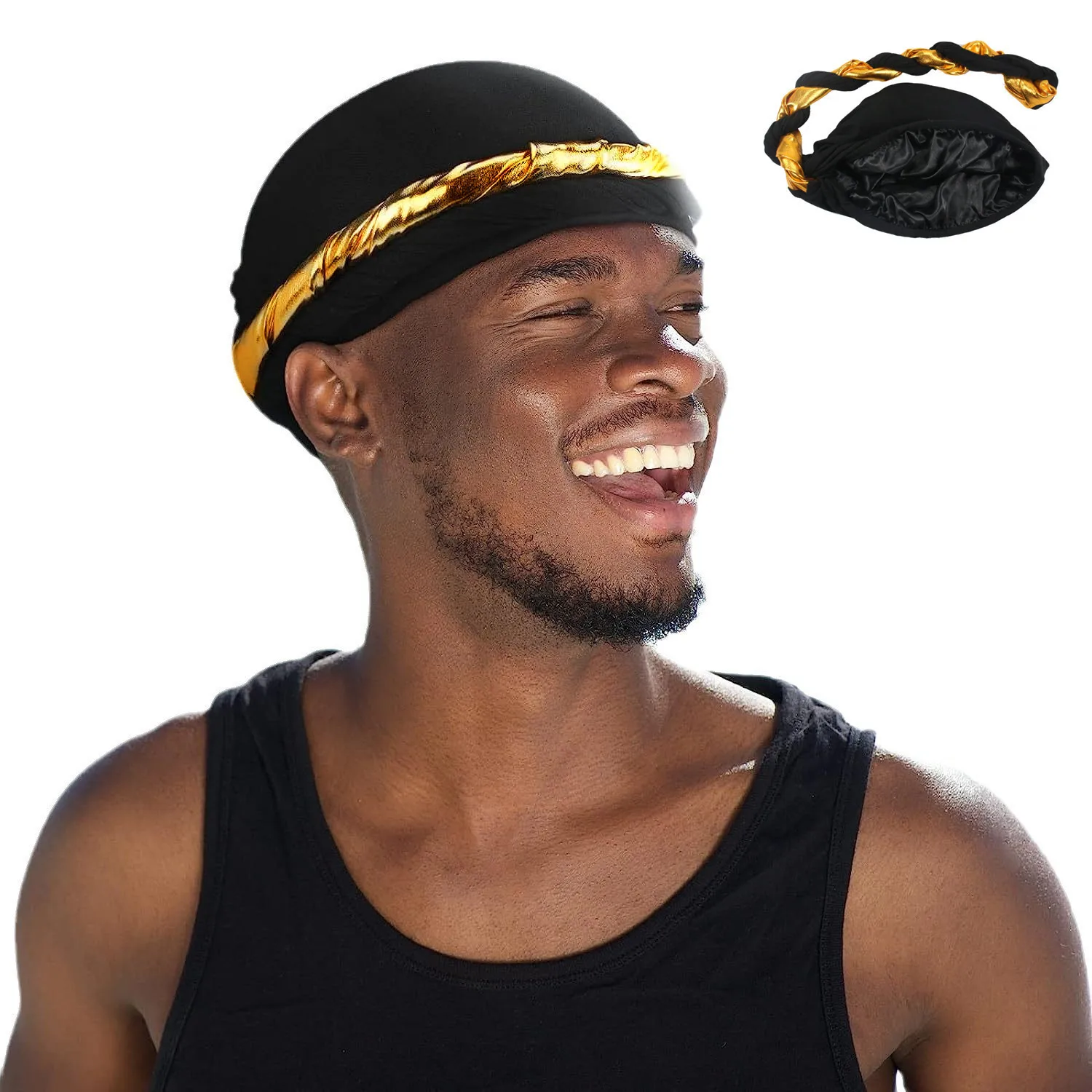 BlackGold Twisted Tail Hat Men\'s Satin Lined Headband Hat Patchwork Hip-hop Braided Hat Bandana  Hiking Black Scarf